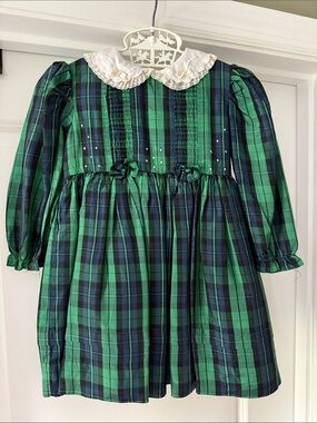 Vintage Sarah Louise England Girls Green & Navy Plaid Formal Dress Size 2T